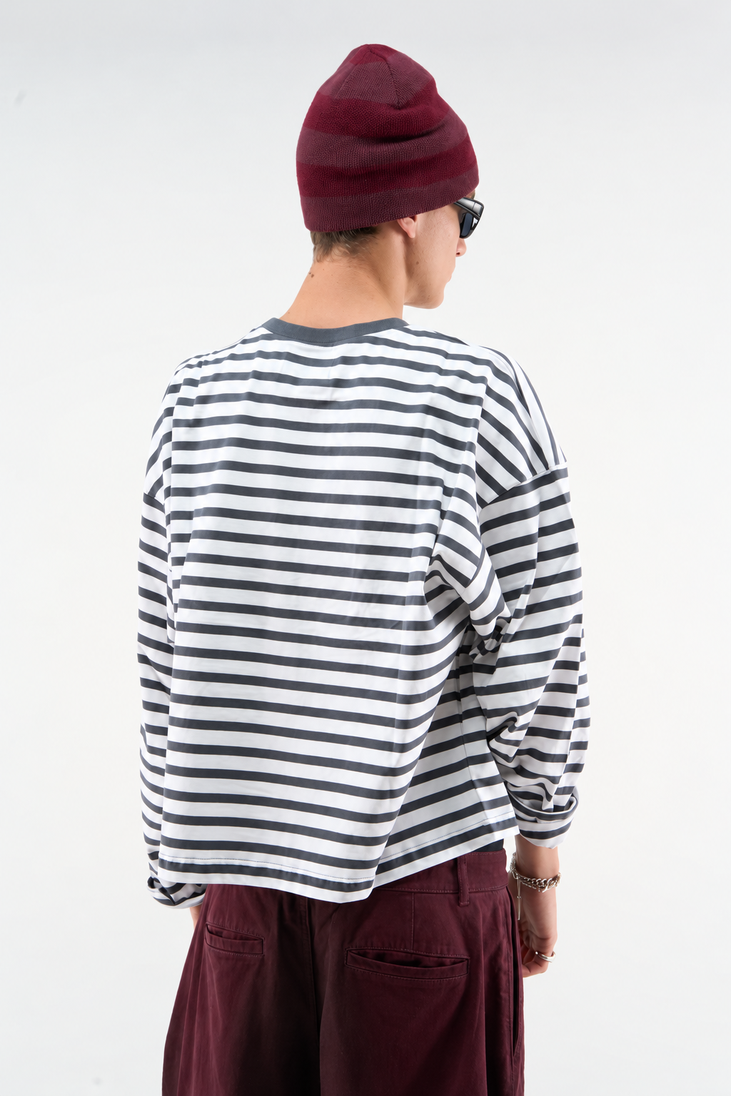 Charcoal and Ecru Striped Long-Sleeve Top