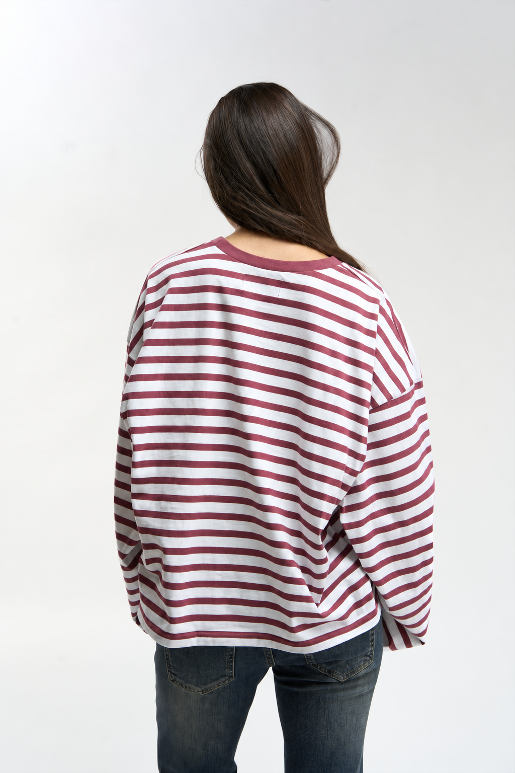 Burgundy and Ecru Striped Long-Sleeve Top