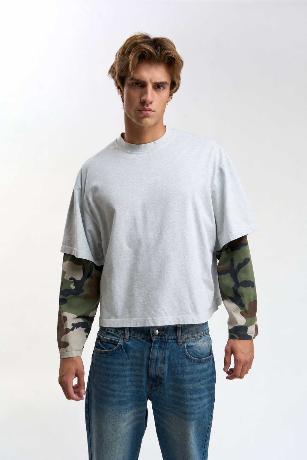 Grey Camo-Sleeve Layered Top