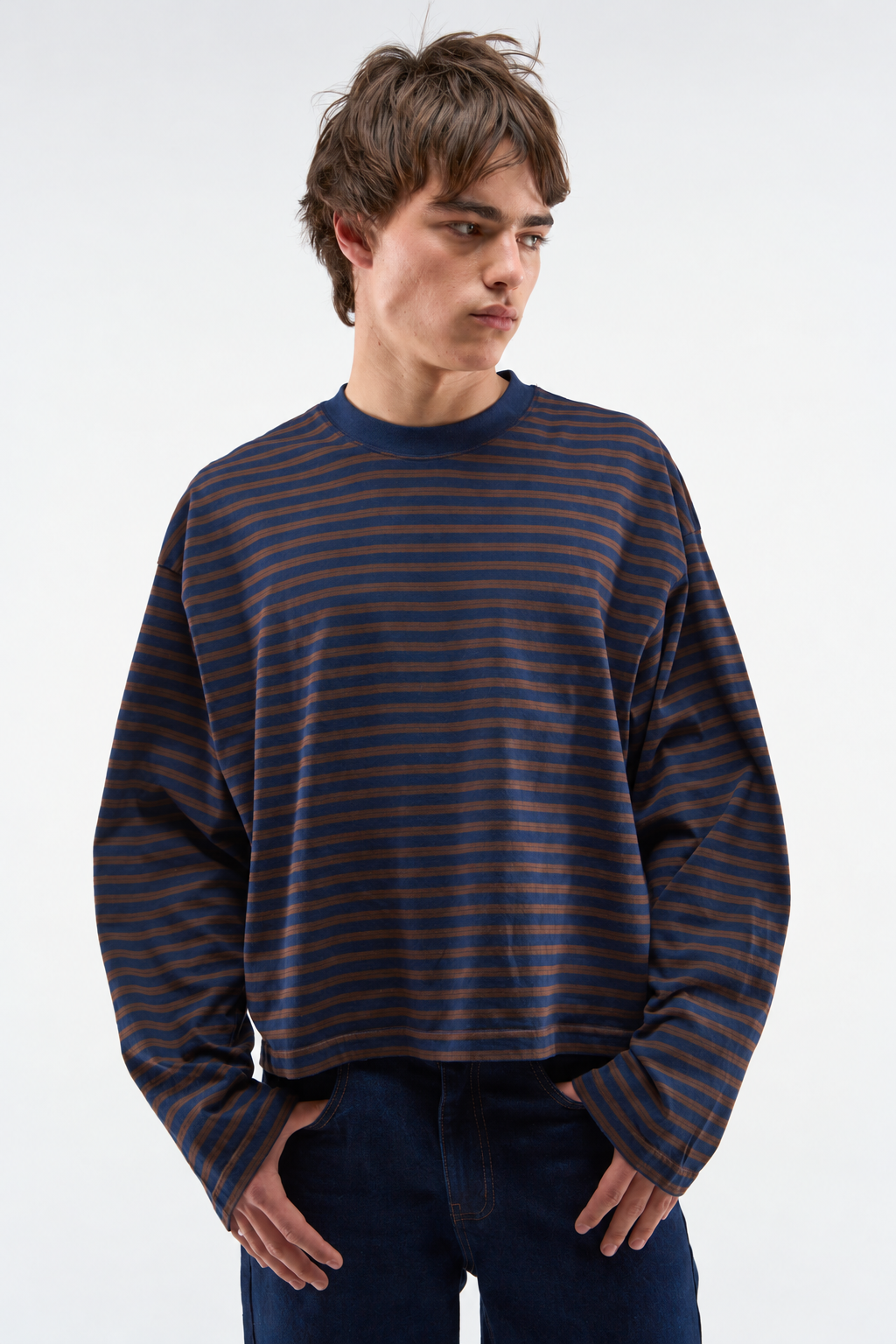 Navy and Brown Striped Long-Sleeve Top