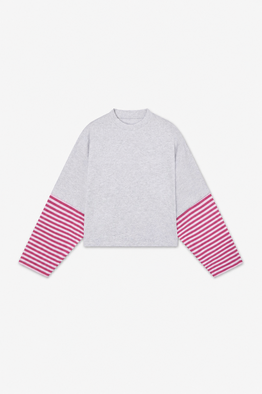 Grey and Pink Striped-Sleeve Top