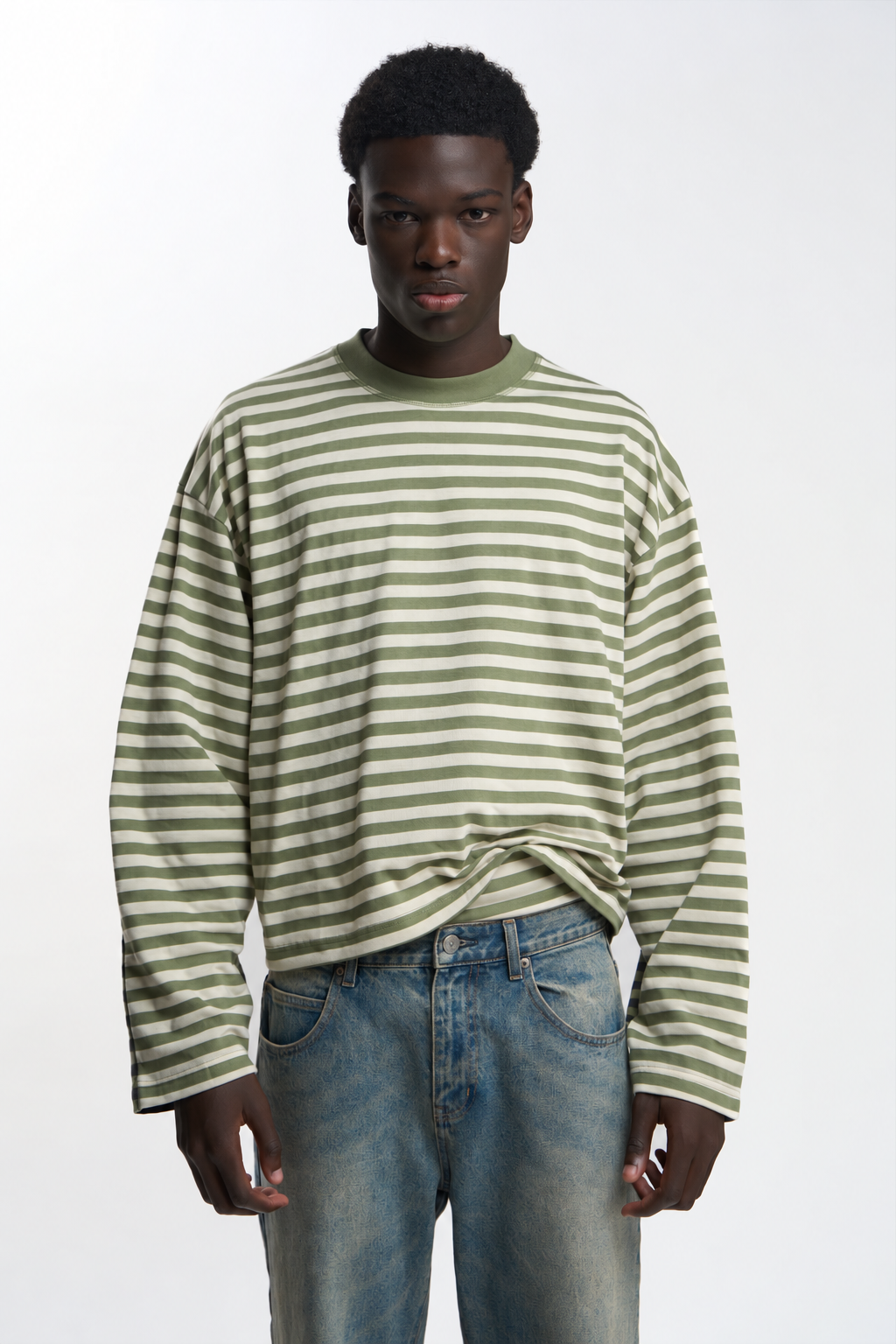 Olive and Ecru Striped Long-Sleeve Top