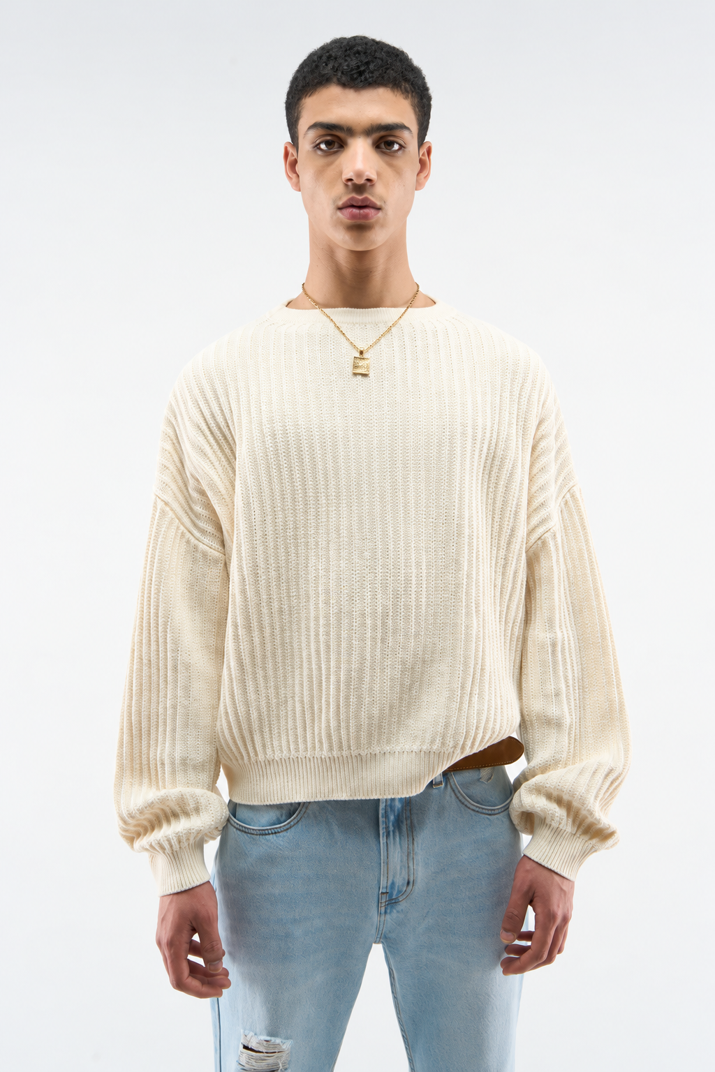 Ecru Ribbed Knit Sweater