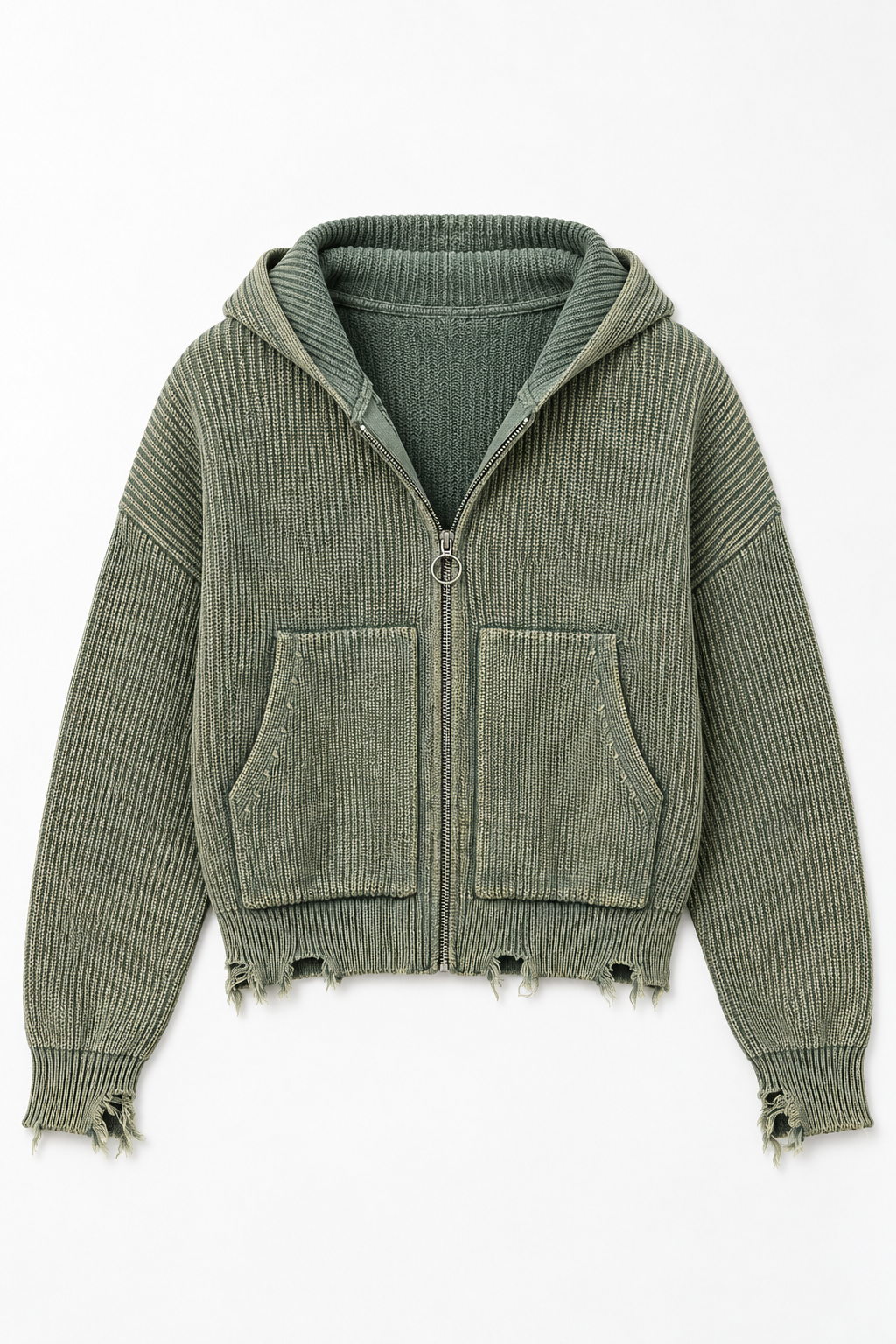 Dusty Green Distressed Knit Zip Hoodie