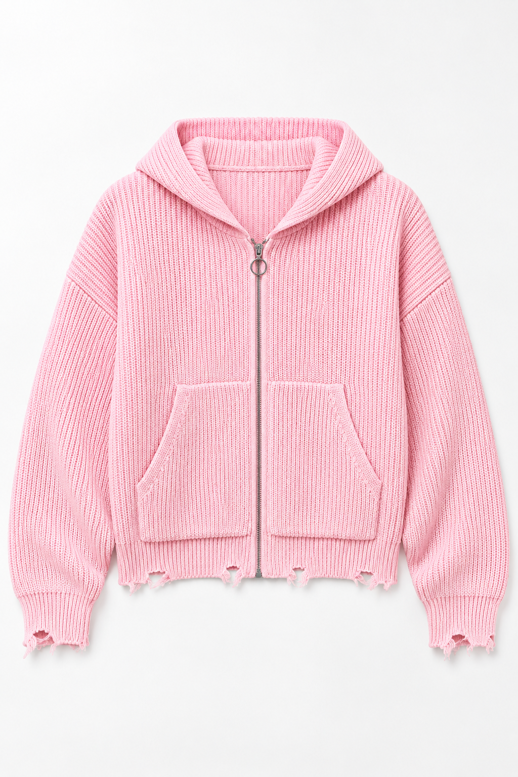 Light Pink Distressed Knit Zip Hoodie