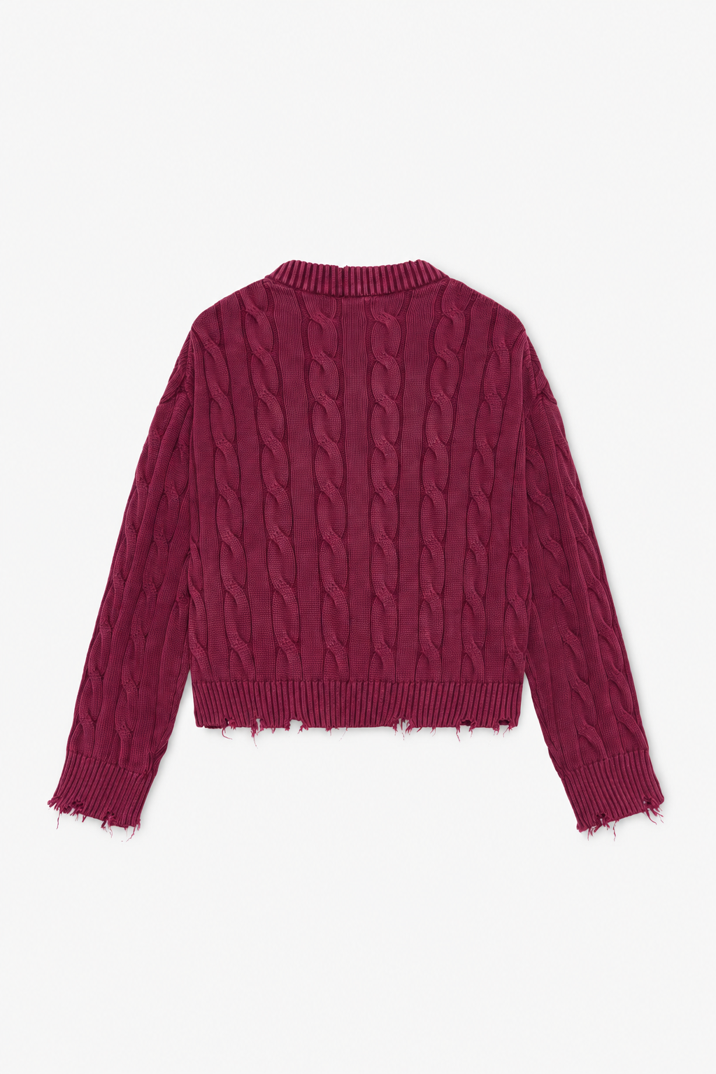 Burgundy Frayed Cable-Knit Sweater