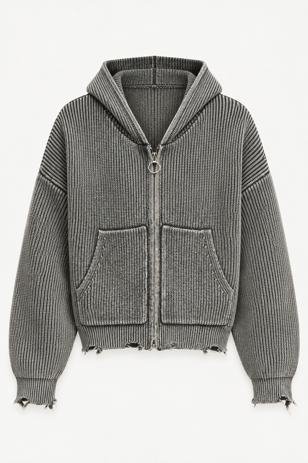 Grey Distressed Knit Zip Hoodie