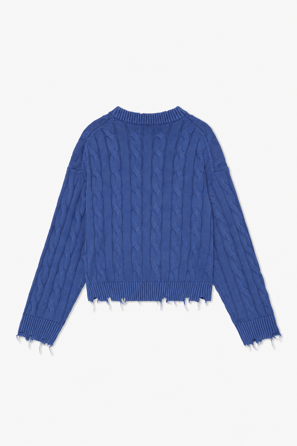 Blue Frayed Cable-Knit Sweater