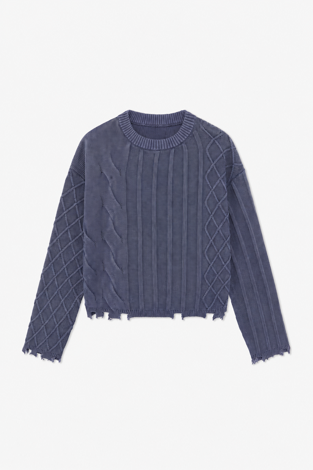 Navy Frayed Cable-Knit Sweater
