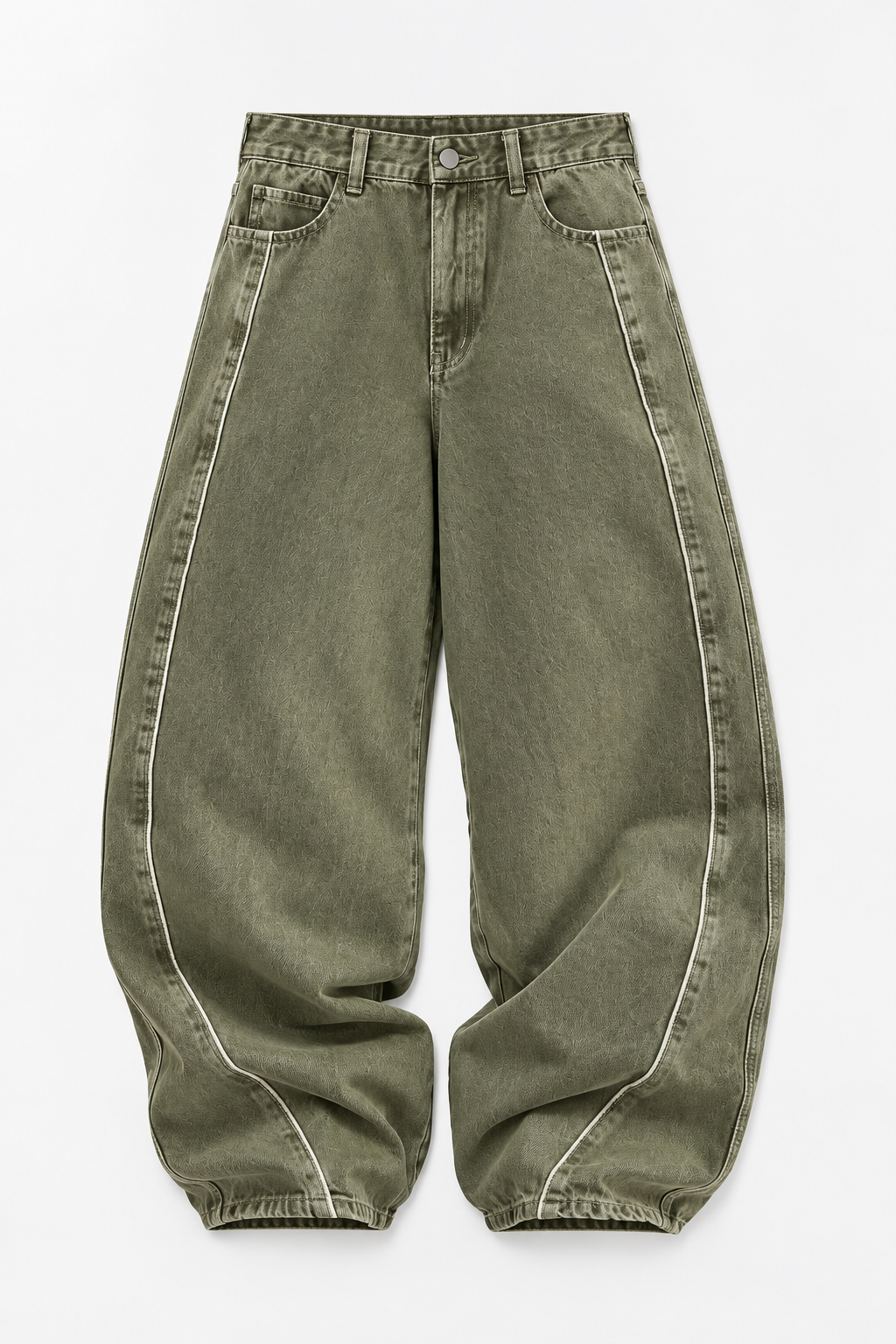 Olive Curved-Seam Baggy Jeans