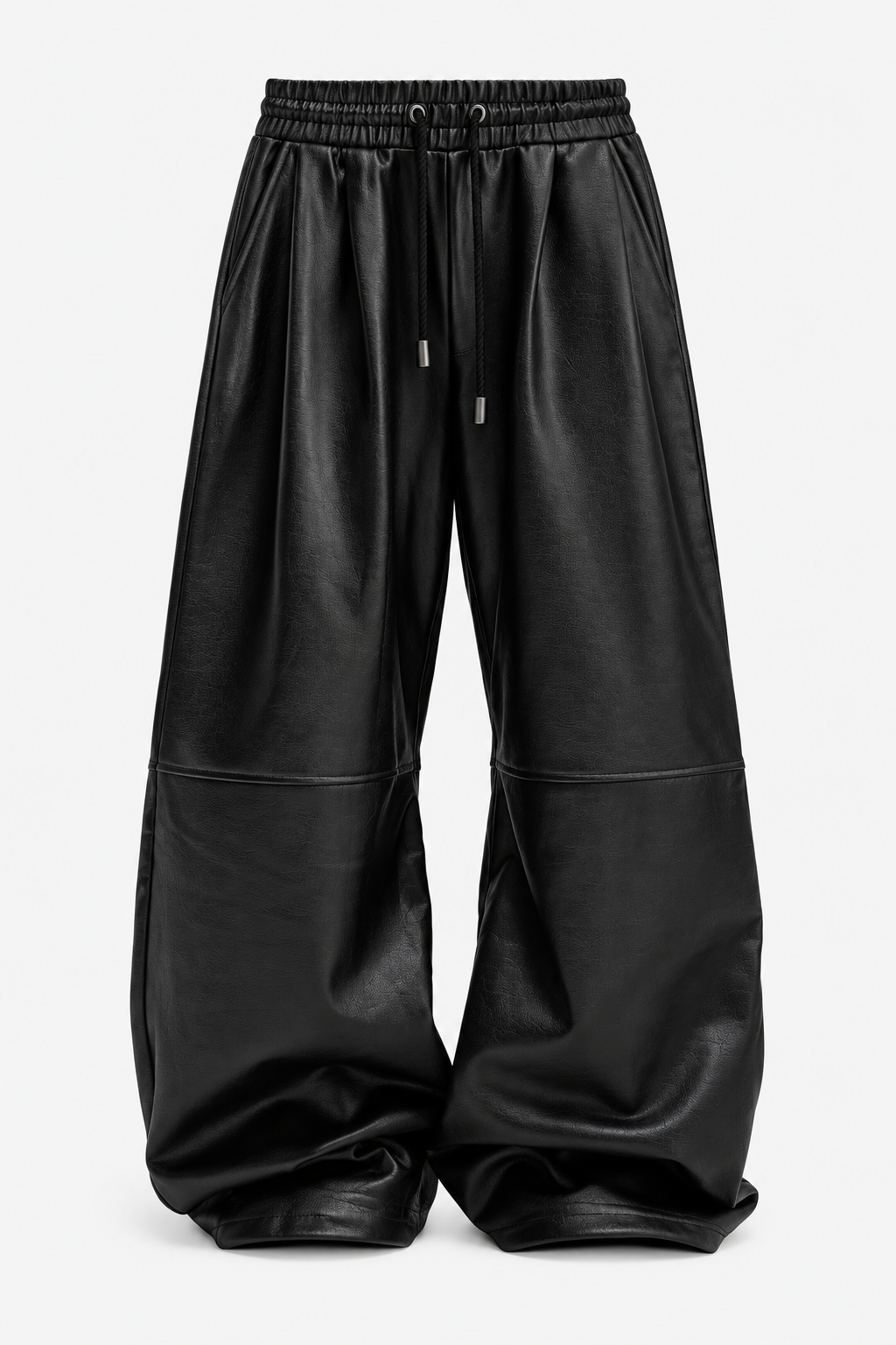 Black Coated Drawstring Wide-Leg Pants