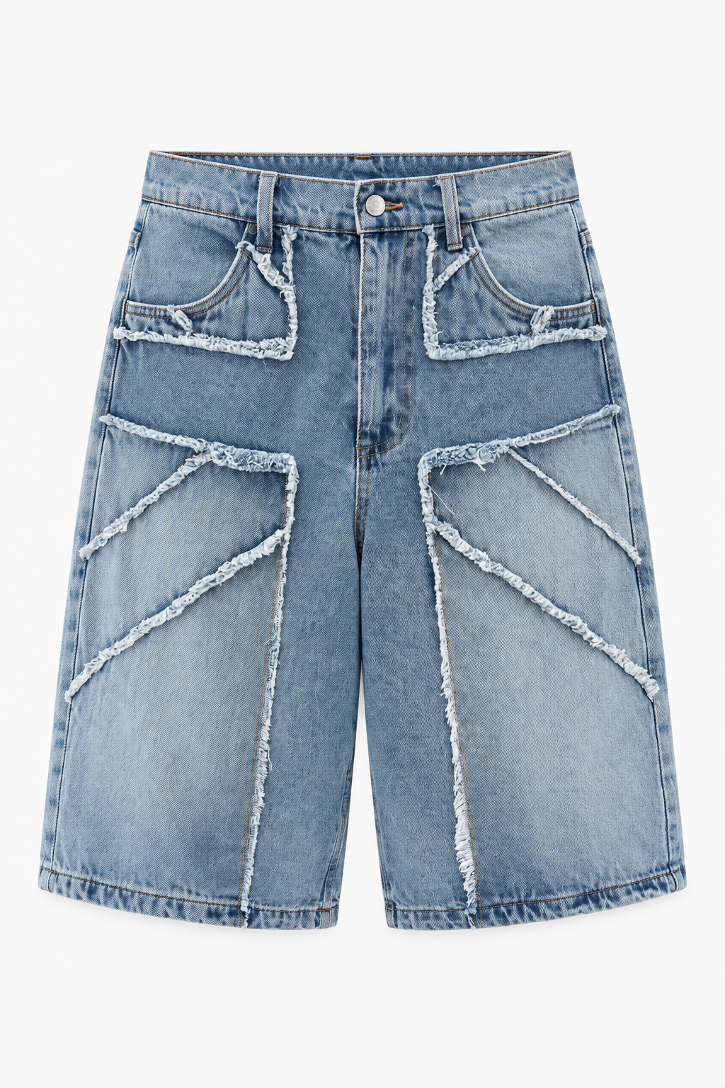 Blue Frayed-Panel Denim Shorts
