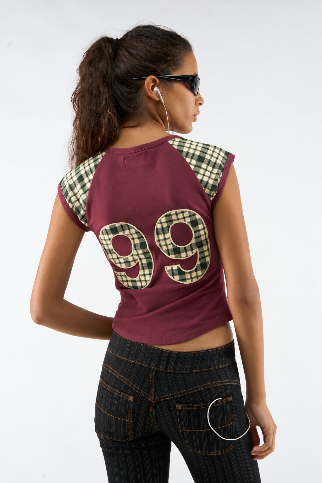Burgundy Checked-Panel Sleeveless Top