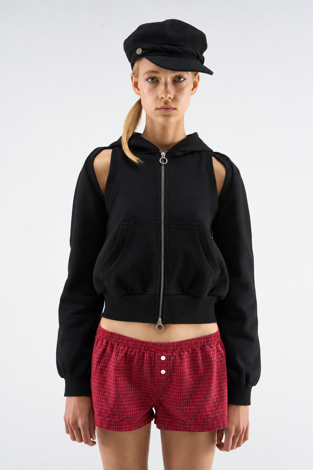 Black Shoulder-Cutout Zip Hoodie