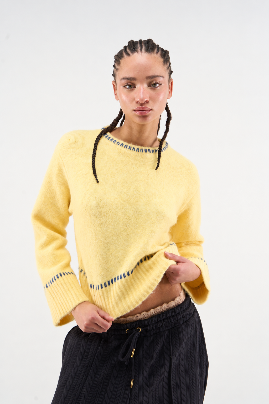 Yellow Contrast-Stitch Knit Sweater