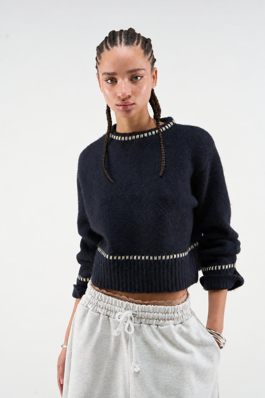 Navy Contrast-Stitch Knit Sweater