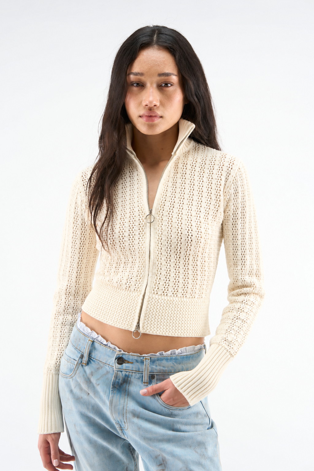 Ecru Textured Zip Knit Cardigan