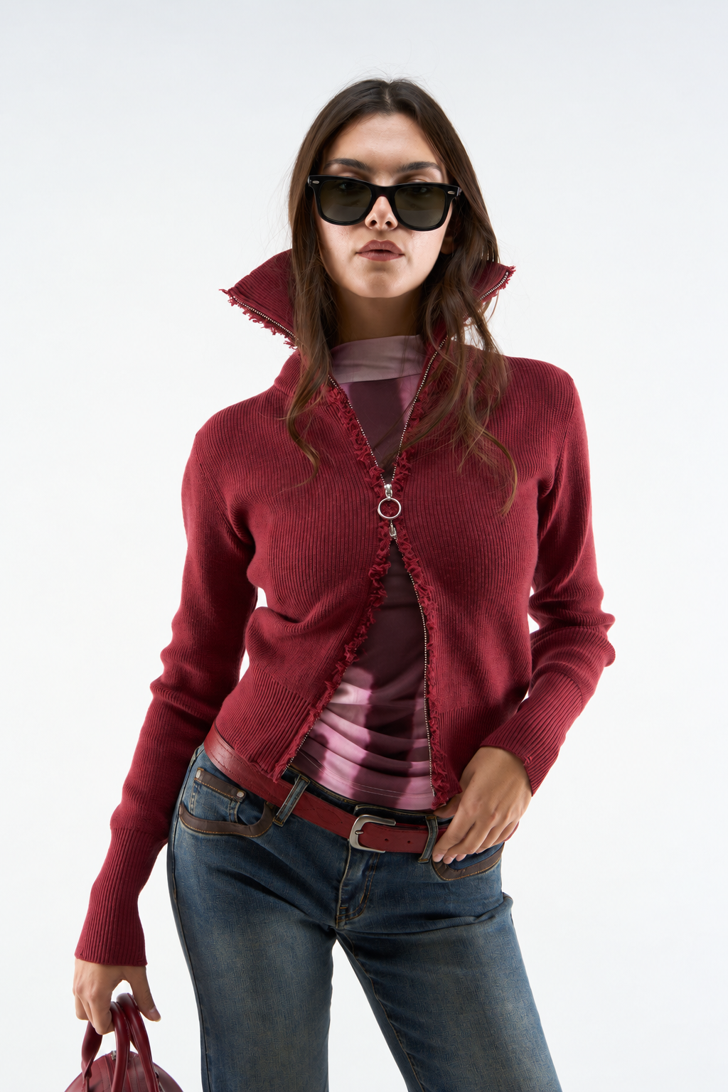 Burgundy Zip Knit Cardigan