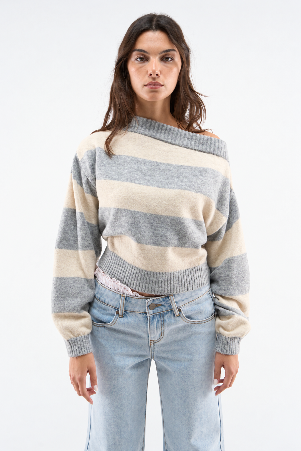 Ecru and Grey Striped Knit Sweater
