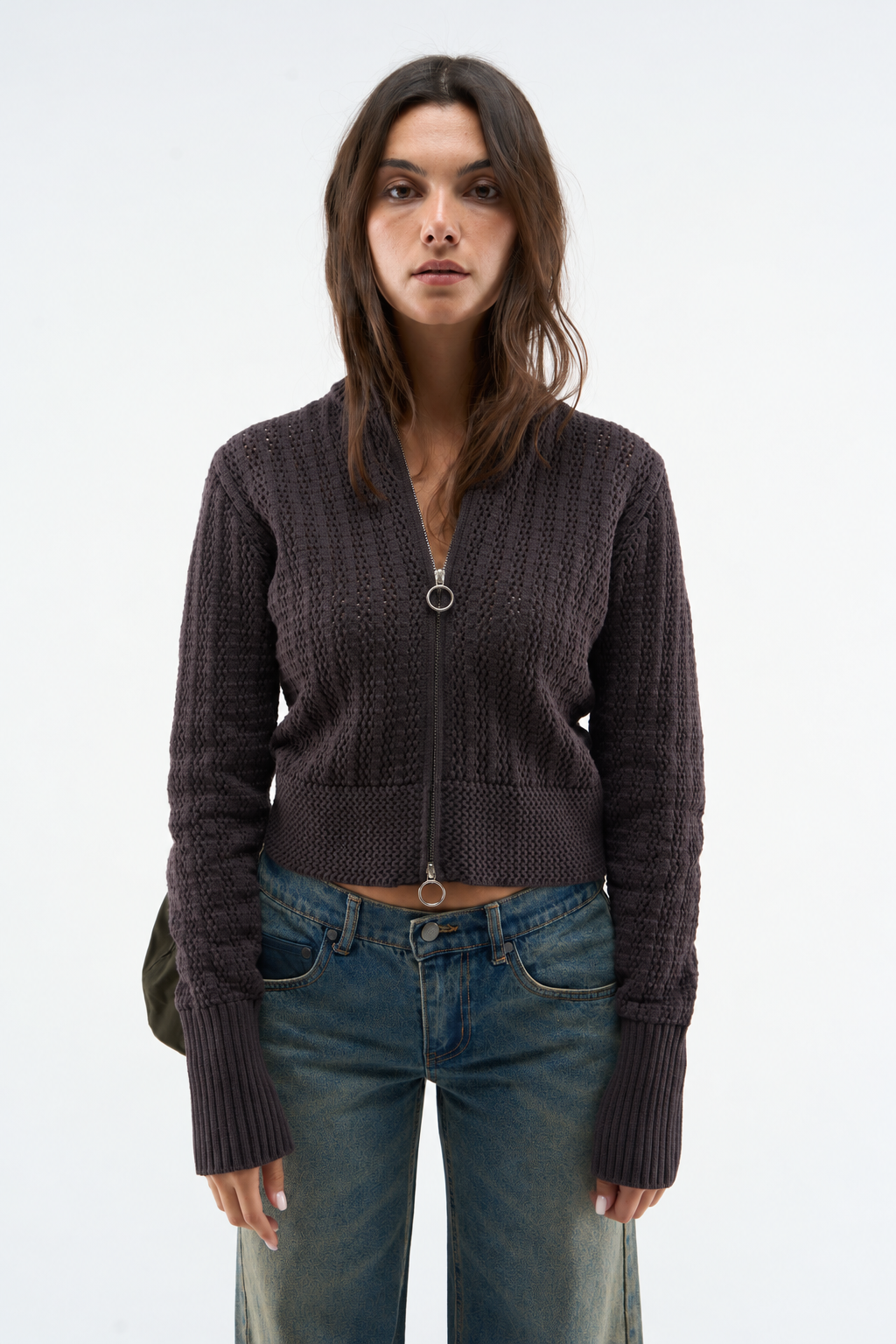 Brown Textured Zip Knit Cardigan