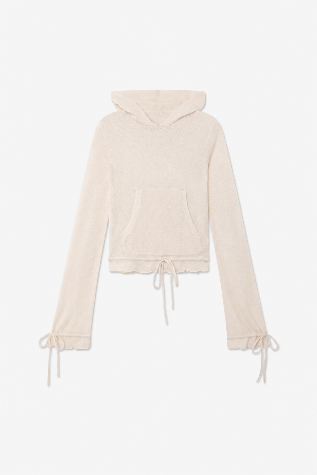 Beige Hooded Drawstring Knit Top