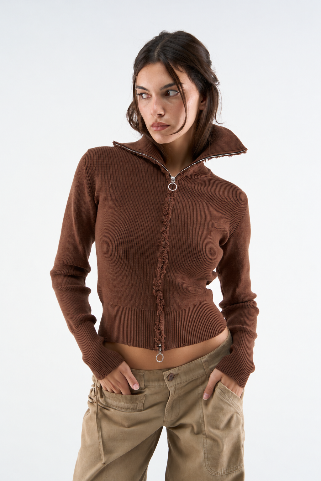 Brown Zip Knit Cardigan