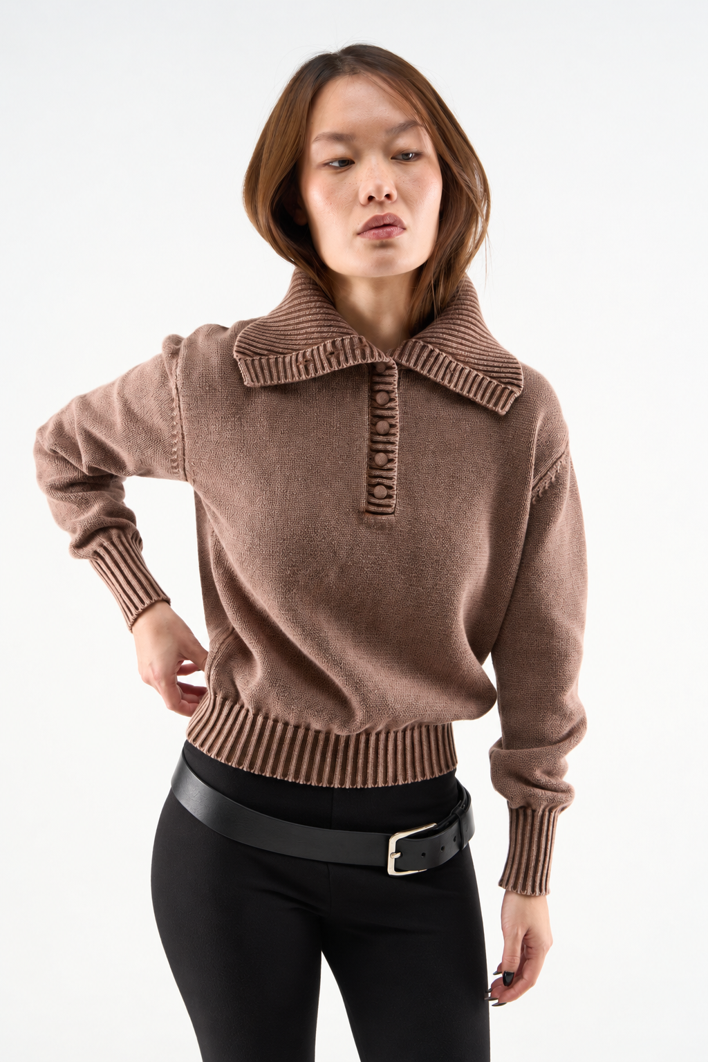 Brown Collared Knit Sweater