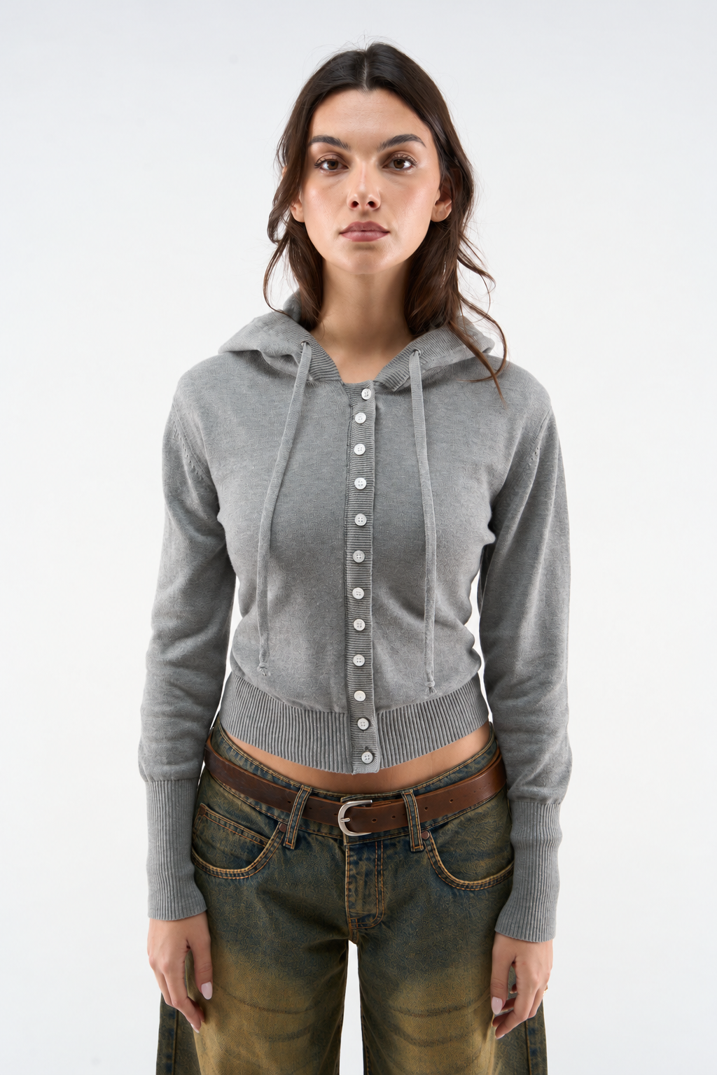 Light Grey Hooded Button Cardigan
