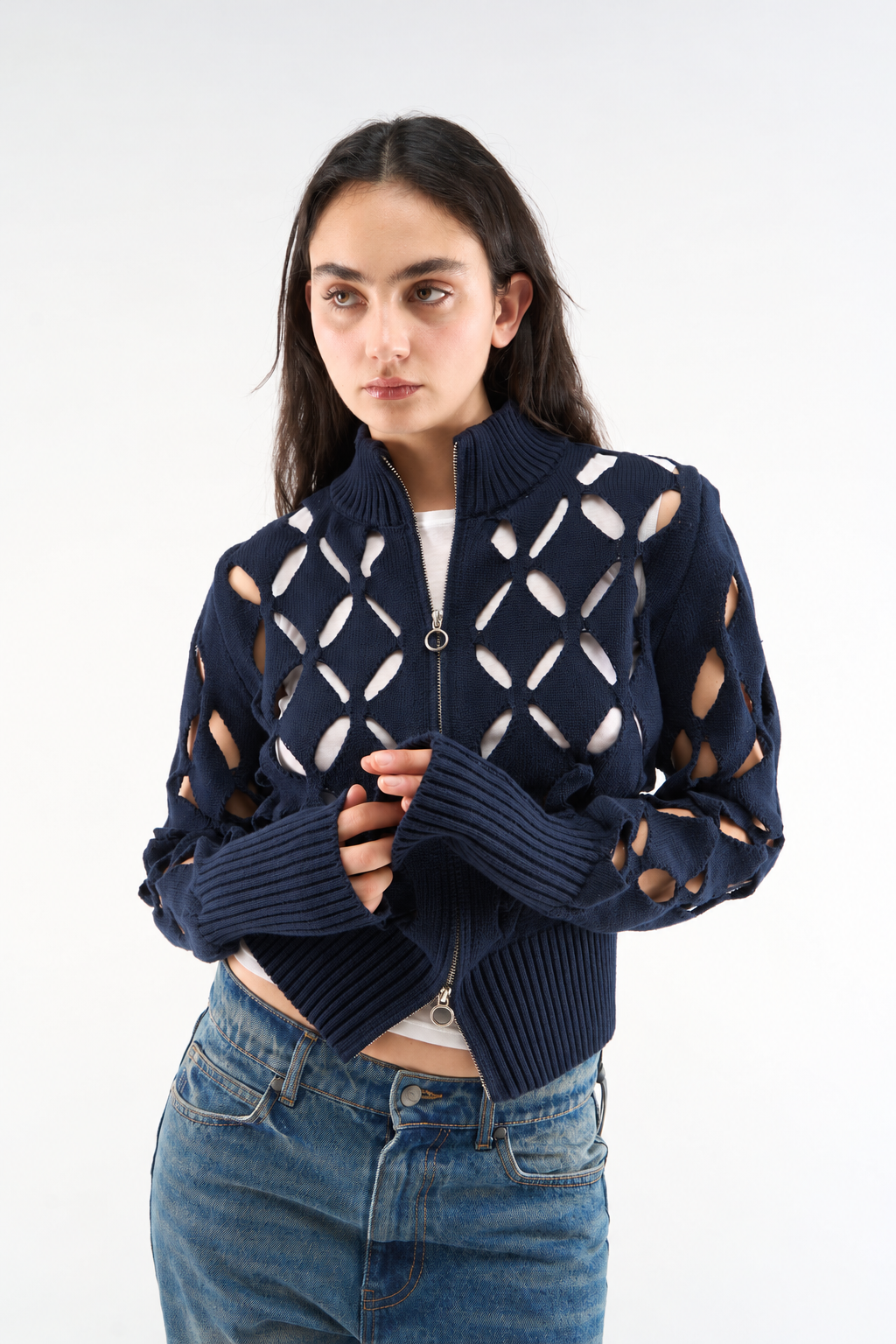 Navy Openwork Zip Cardigan