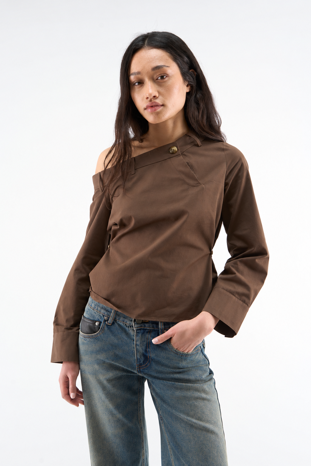 Brown Asymmetric-Collar Shirt