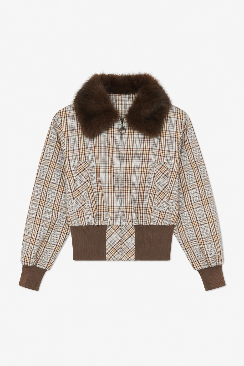 Brown Checked Fur-Collar Jacket