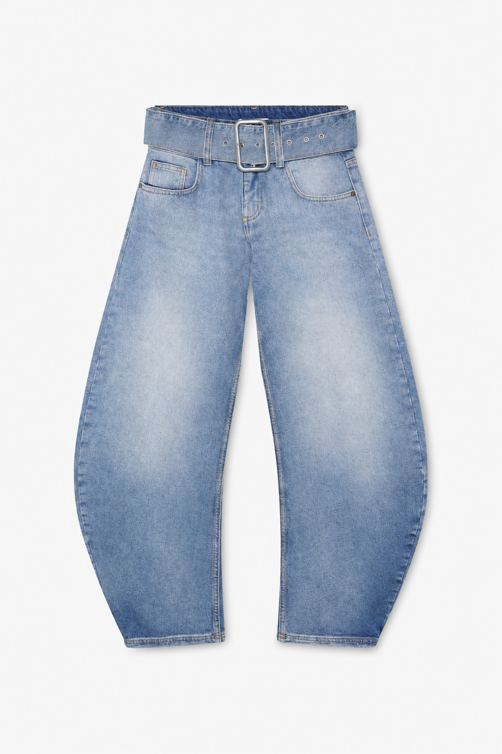 Blue Belted Barrel-Leg Jeans