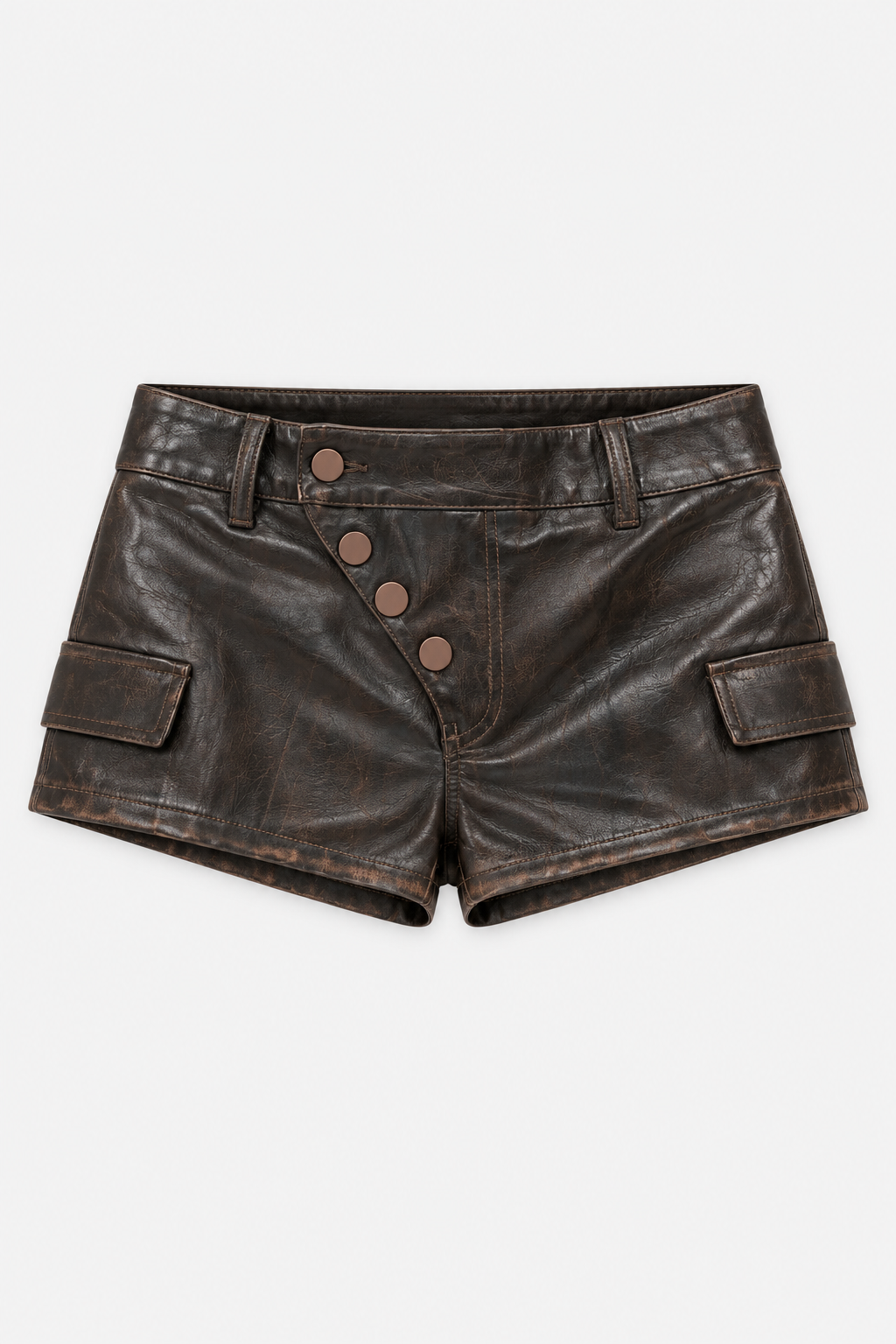 Brown Asymmetric-Button Mini Shorts