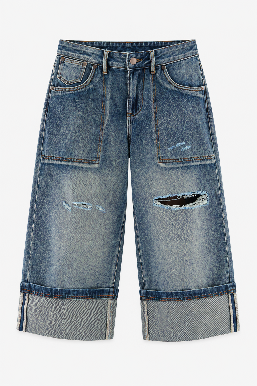 Blue Distressed Denim Bermuda Shorts