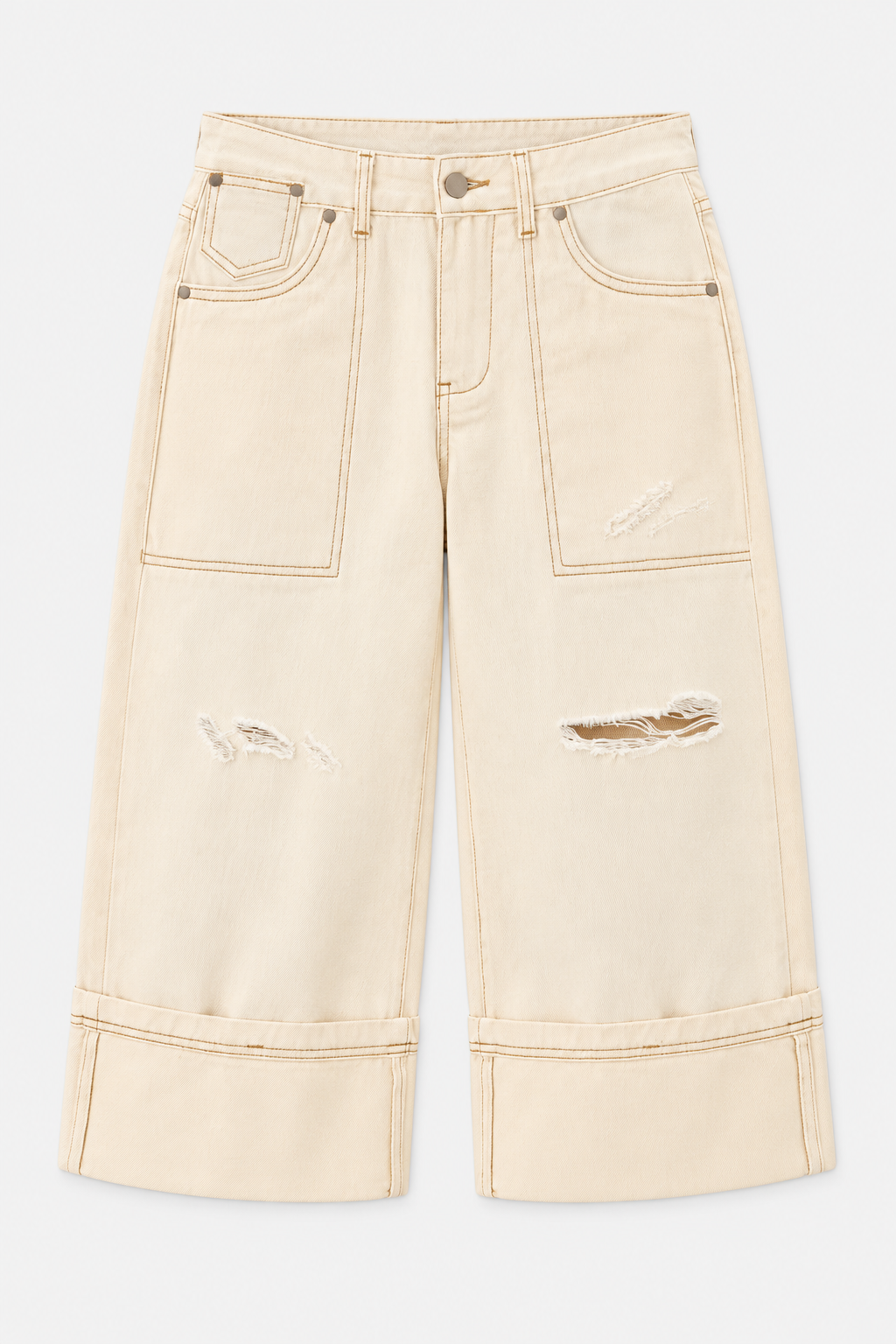 Ecru Distressed Denim Bermuda Shorts