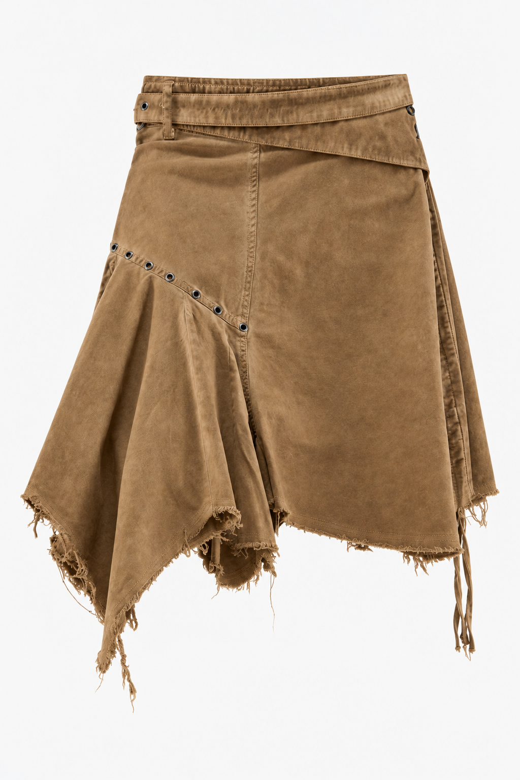 Brown Asymmetric Frayed Skirt