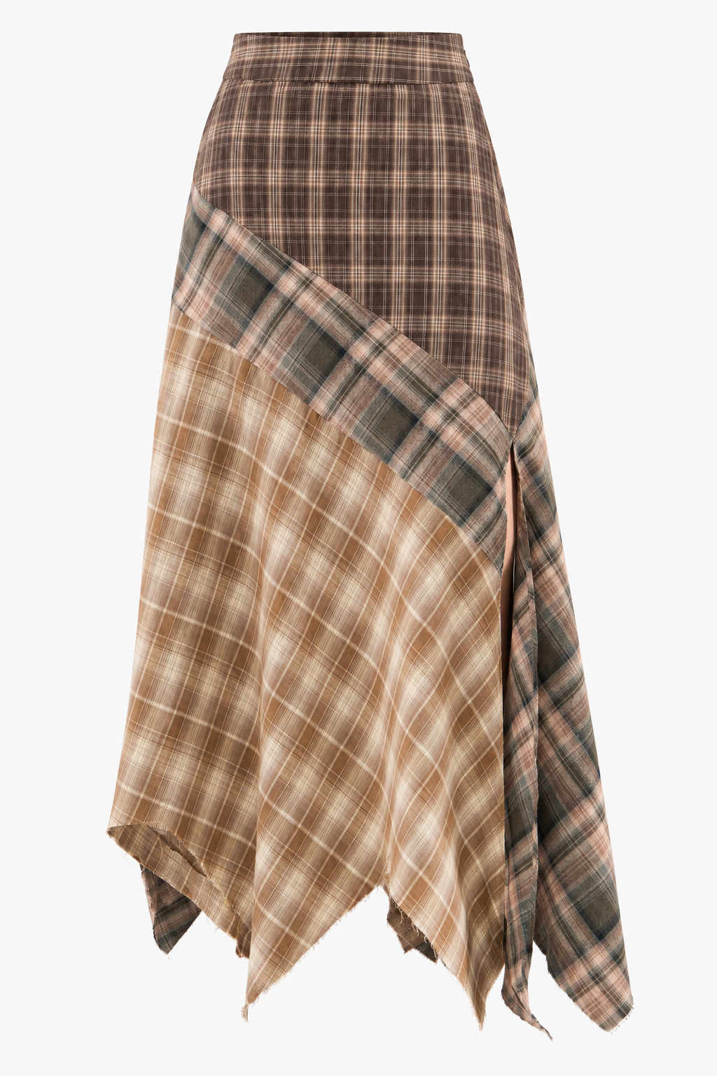 Brown Mixed-Plaid Midi Skirt