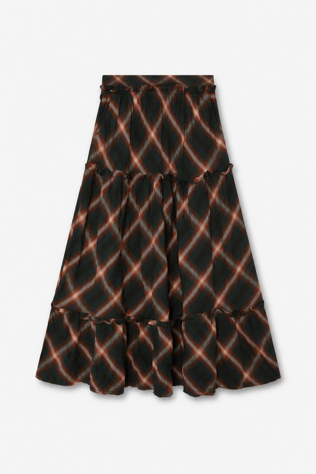 Dark Tartan Ruffle Midi Skirt