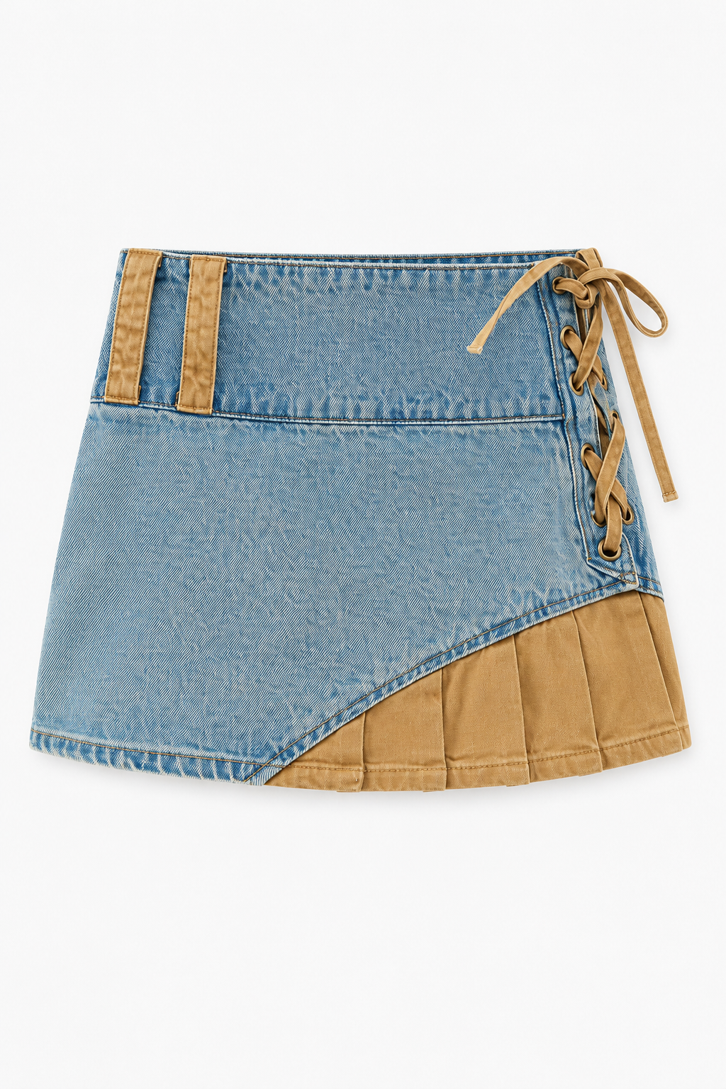 Blue Denim and Tan Lace-Up Skirt