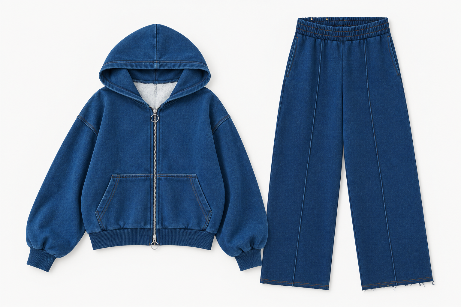 Blue Denim Zip Hoodie and Pants Set