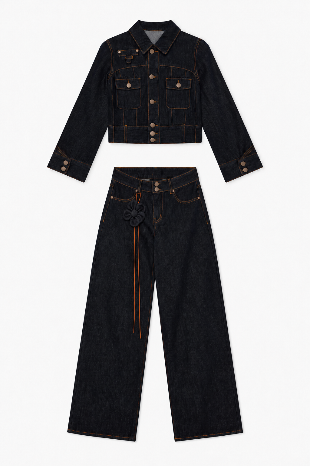 Dark Denim Jacket and Wide-Leg Jeans Set