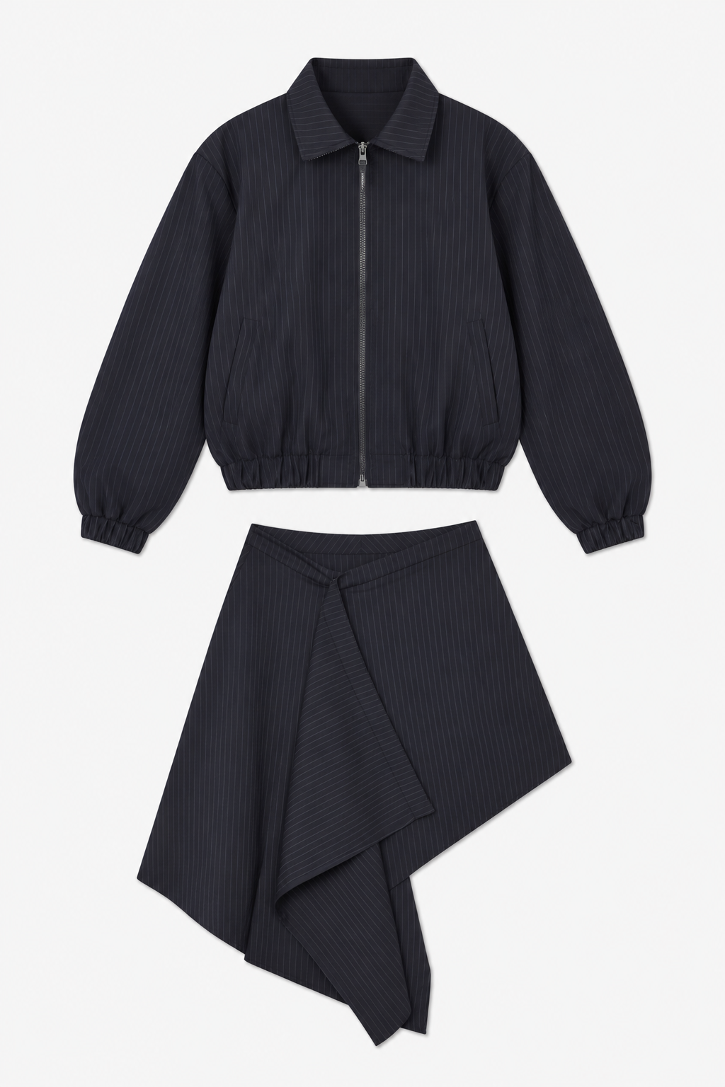 Navy Pinstripe Jacket and Asymmetric Skirt Set