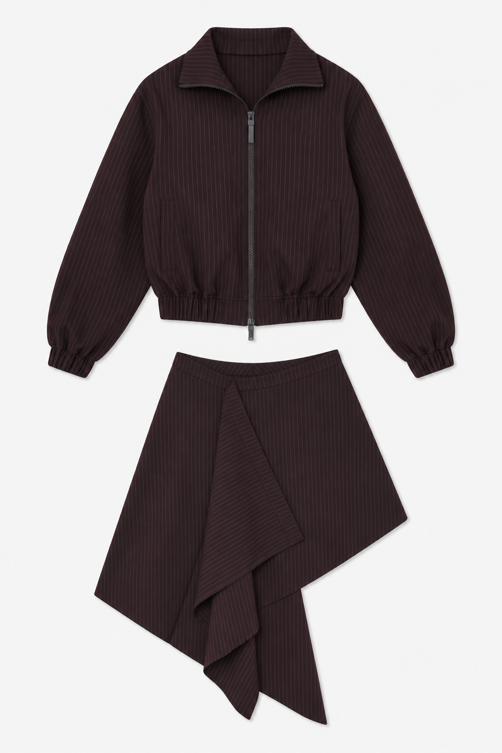 Burgundy Pinstripe Jacket and Asymmetric Skirt Set
