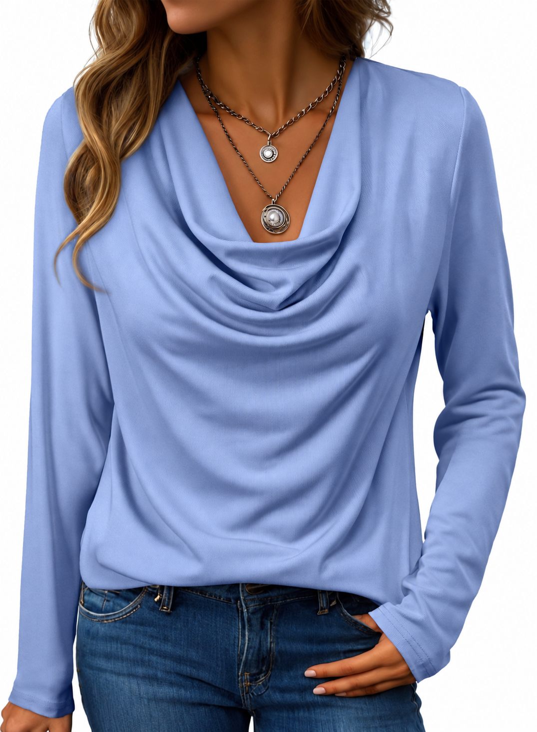 The Draped-Neck Long-Sleeve Top — Dusty Blue