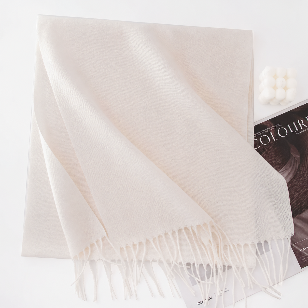 Cream everyday long scarf; AI-assisted label removal for the unbranded version