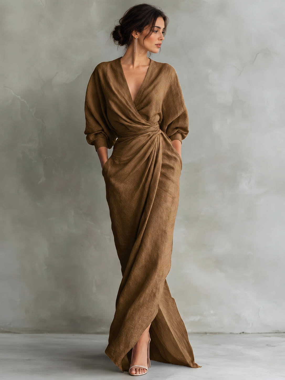 The Belted V-Neck Maxi Dress — Brown