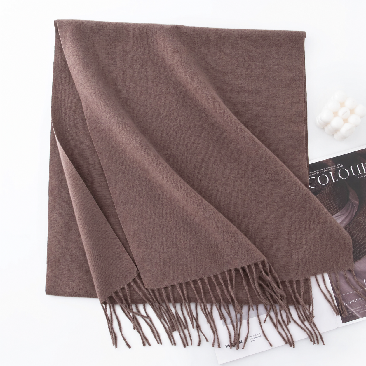 Mocha everyday long scarf; AI-assisted label removal for the unbranded version