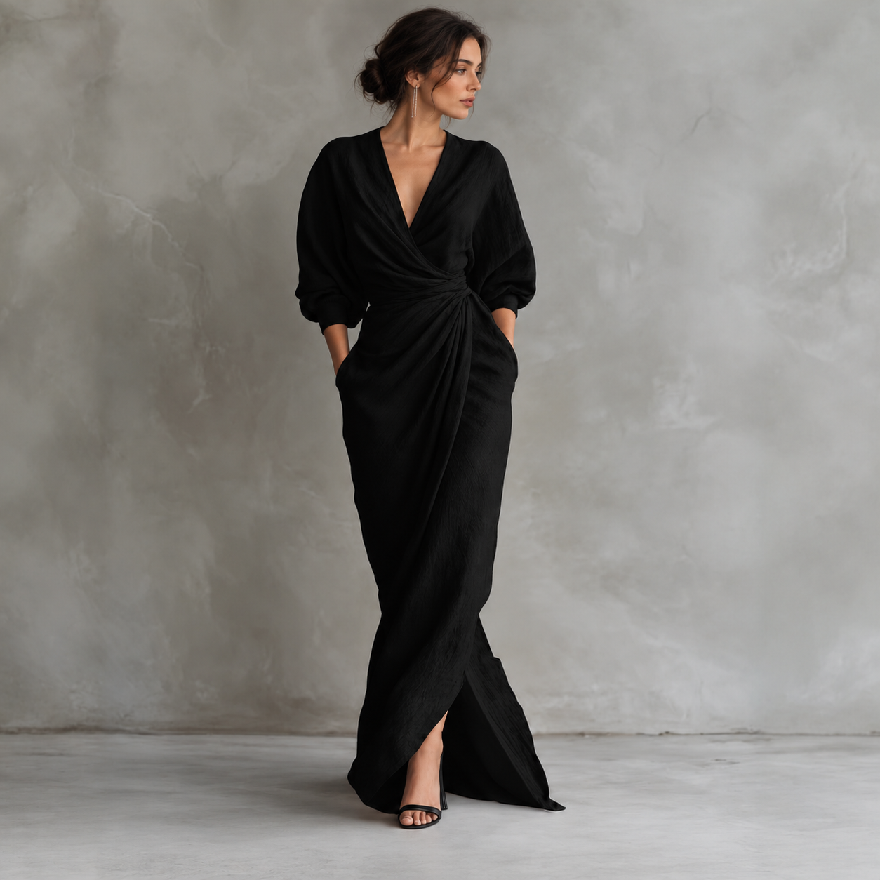 The Belted V-Neck Maxi Dress — Black