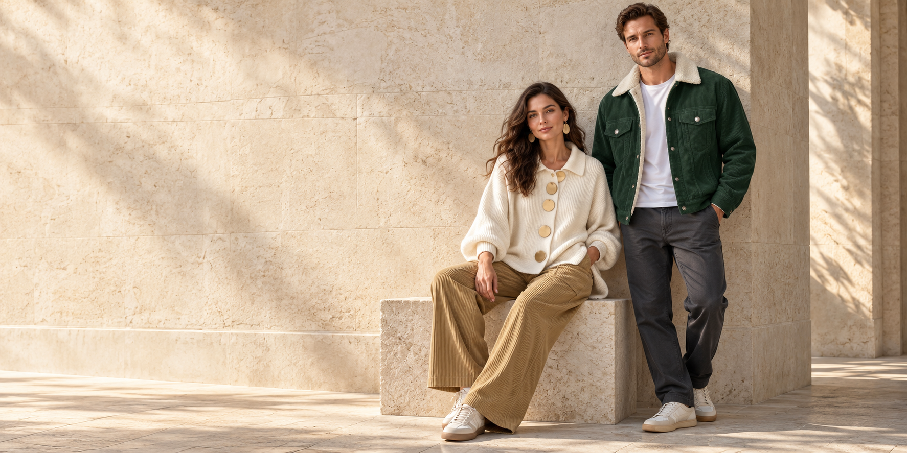 Everyday layers: ivory knitwear, khaki trousers and an olive jacket.