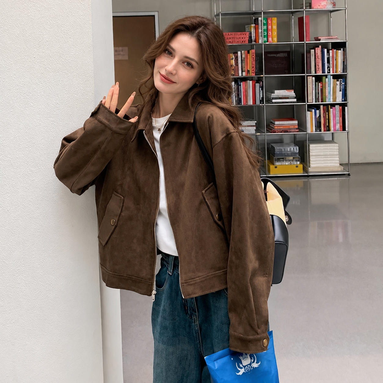 The Cropped Faux-Suede Jacket — Brown - Lined